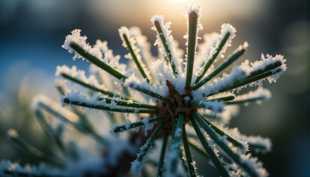 Pine branches covered with hoarfrost in the rays of the setting sunの素材