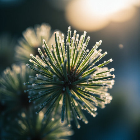 Pine tree branch covered with hoarfrost. Winter background.の素材