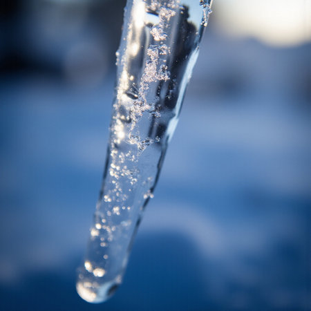 Icicles on a frozen lake in winter. Shallow depth of fieldの素材
