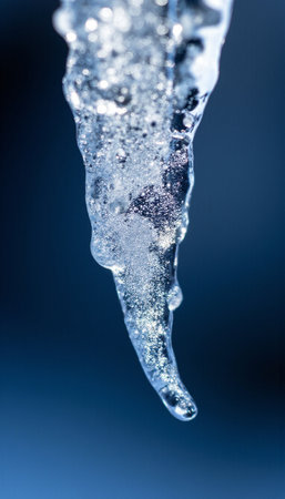Ice icicle on a blue background. Close-up. Macroの素材