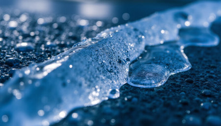 Macro shot of water drops on a black stone surface. Shallow DOFの素材