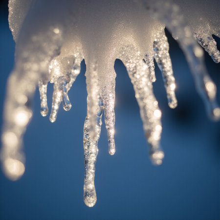 Icicles hanging from the roof of a house in winter.の素材