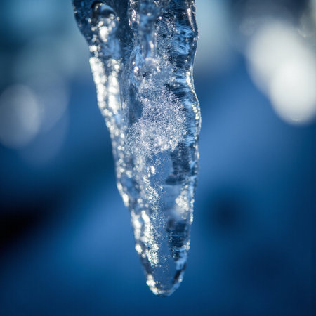 Ice icicle closeup on blue background. Shallow depth of fieldの素材