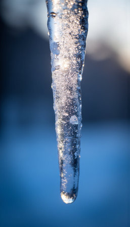 Icicle on the background of the winter landscape. Beautiful icicle close-up.の素材