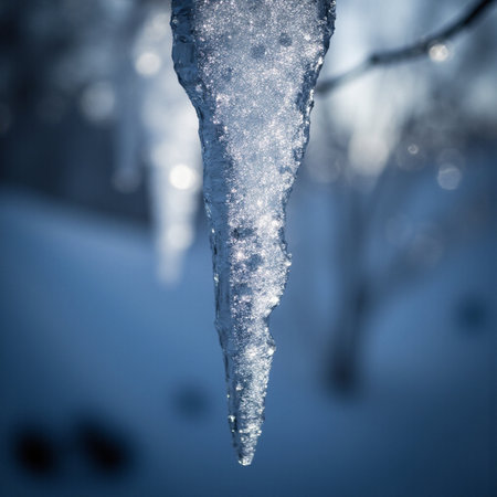 Icicles hanging from a tree branch in a winter forest.の素材