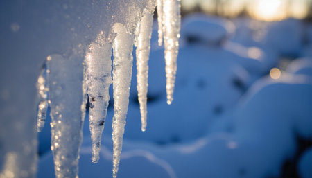 Icicles on a snowy field in winter. Winter landscape.の素材