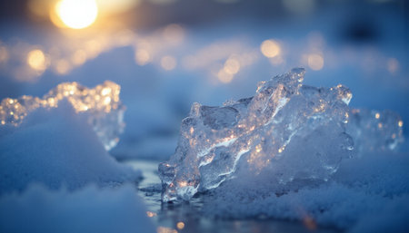 Close up of ice crystals on a frozen lake at sunset. Winter backgroundの素材