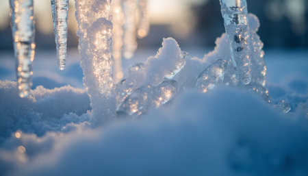 Icicles on a frozen lake in the winter. Close up.の素材