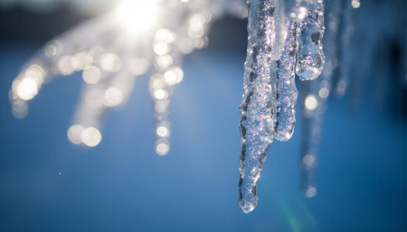 Icicles hanging from the roof of a house in winter.の素材