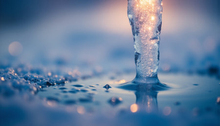 Ice and water drops on a blue background. Shallow depth of field.の素材