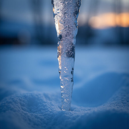 Icicle in the snow at sunset. Shallow depth of field.の素材