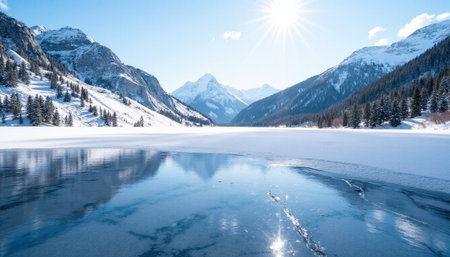 Beautiful winter landscape with frozen lake and snow-capped mountainsの素材