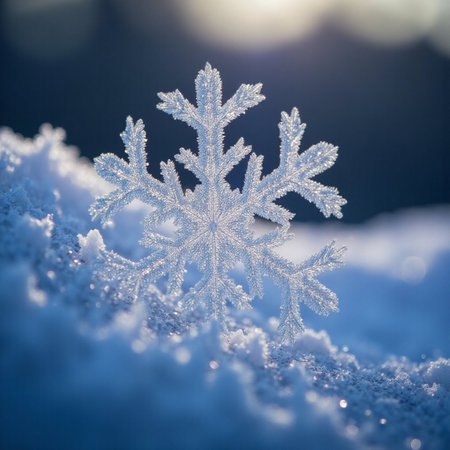 Snowflake on the snow in the winter forest. Christmas background.の素材