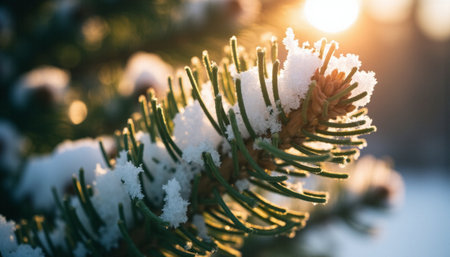 Snow on the branches of a Christmas tree in the rays of the setting sunの素材