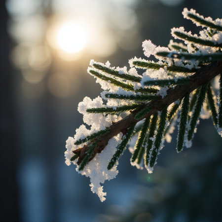 Fir branch covered with snow in the rays of the setting sunの素材