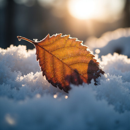 Autumn leaf in the snow. Close-up. Shallow depth of fieldの素材