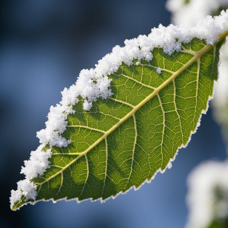 Green leaf covered with hoarfrost, close-up, macroの素材