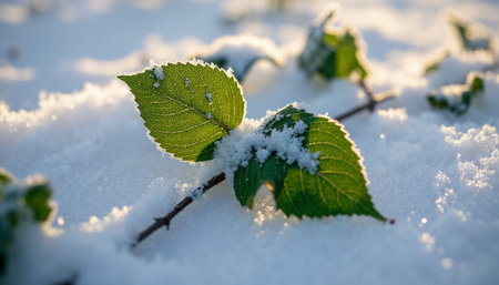 green leaves in the snow, close-up, shallow depth of fieldの素材
