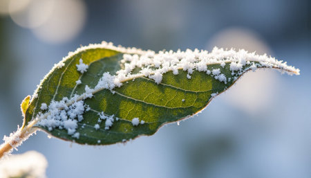 Frost on a leaf in the winter. Shallow depth of field.の素材