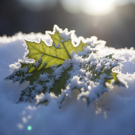 Leaf in the snow on the background of the rays of the sunの素材