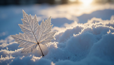 Frosted maple leaf on the snow in winter. Nature backgroundの素材