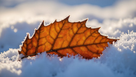 Autumn oak leaf in the snow. Shallow depth of field.の素材