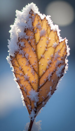 Close up of a frosted leaf on a tree in winter.の素材