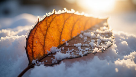 Autumn leaf in the snow. Selective focus. Shallow depth of fieldの素材