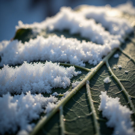 Frost on a leaf in the morning. Shallow depth of field.の素材