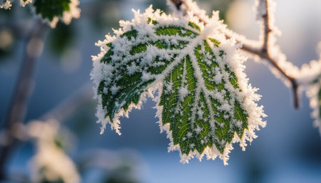 Hoarfrost on a green leaf on a tree in the sunlightの素材