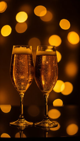 Two glasses of champagne on a dark background with bokeh lightsの素材
