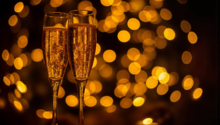 Glasses of champagne on bokeh background. New Year conceptの素材