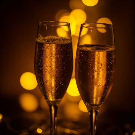 Two glasses of champagne with golden bokeh lights on background.の素材