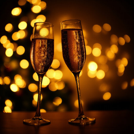 Two champagne glasses with bokeh lights on background. New Year conceptの素材