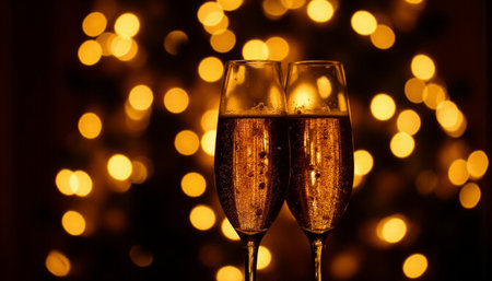 two champagne glasses ready to bring in the New Year with bokeh backgroundの素材