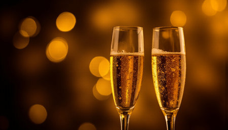 Glasses of champagne with golden bokeh background. New Yearの素材