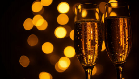 Glasses of champagne on bokeh background. New Year and Christmasの素材