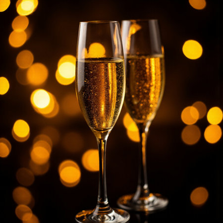 Two glasses of champagne on bokeh background. New Year and Christmas celebrationの素材