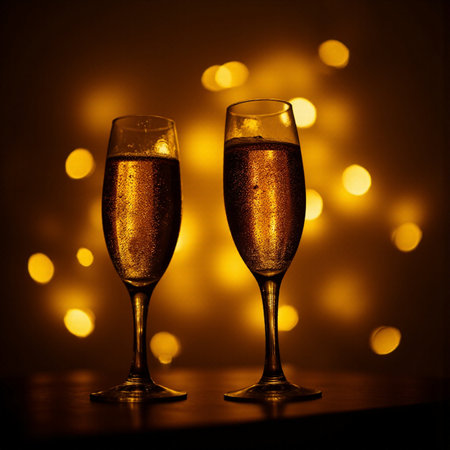 Two glasses of champagne with golden bokeh lights in the backgroundの素材