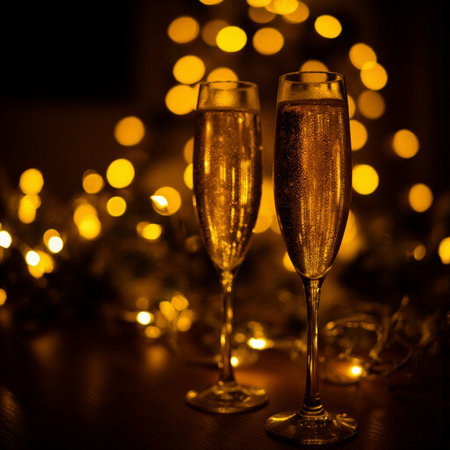 Two champagne glasses with bokeh lights on background. New Year and Christmas celebration.の素材