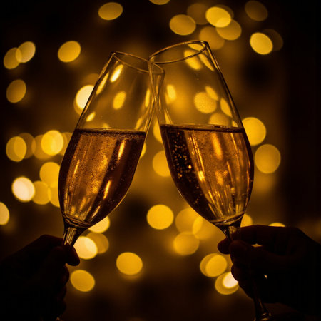 Glasses of champagne on bokeh background. New Year and Christmas celebration.の素材