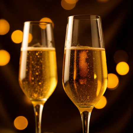 Two glasses of champagne on bokeh background, close-upの素材