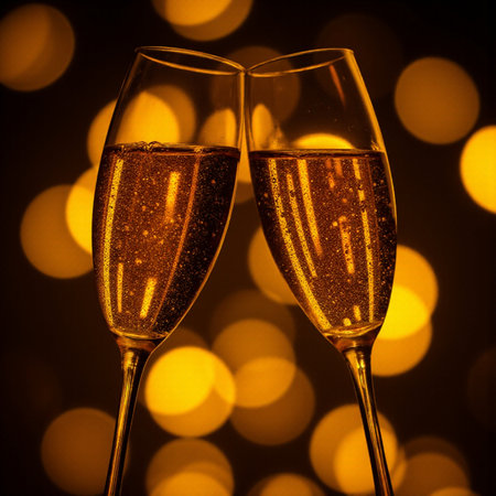 Glasses of champagne against bokeh lights background. New Year celebrationの素材