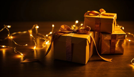 Gift boxes with lights on wooden background. Christmas and New Year concept.の素材