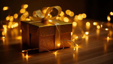 Gift box with golden ribbon on wooden table with bokeh lightsの素材