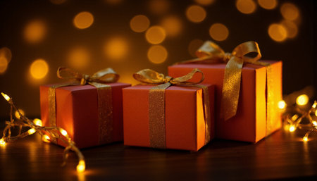 gift boxes with golden ribbon on dark background with bokehの素材