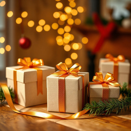 Christmas presents with golden ribbons on wooden table with bokeh backgroundの素材