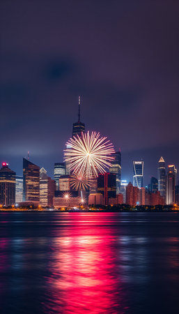Shanghai skyline at night with firework over Huangpu riverの素材
