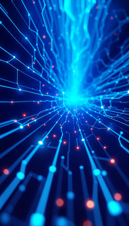 3d illustration of abstract digital technology background with glowing particles and linesの素材