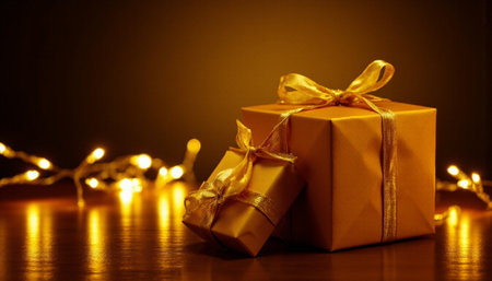 Gift box with golden ribbon and christmas lights on dark backgroundの素材